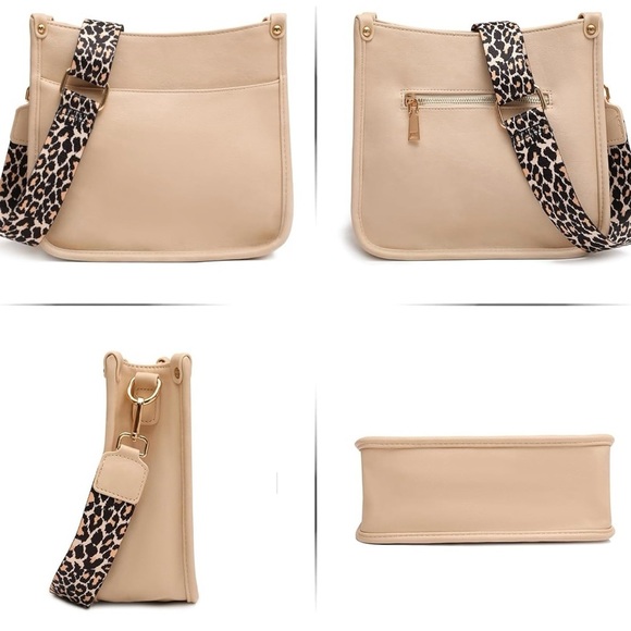 Crossbody Shoulder Bag with Adjustable Leopard Guitar Strap, Vegan Leather Beige - Picture 3 of 10
